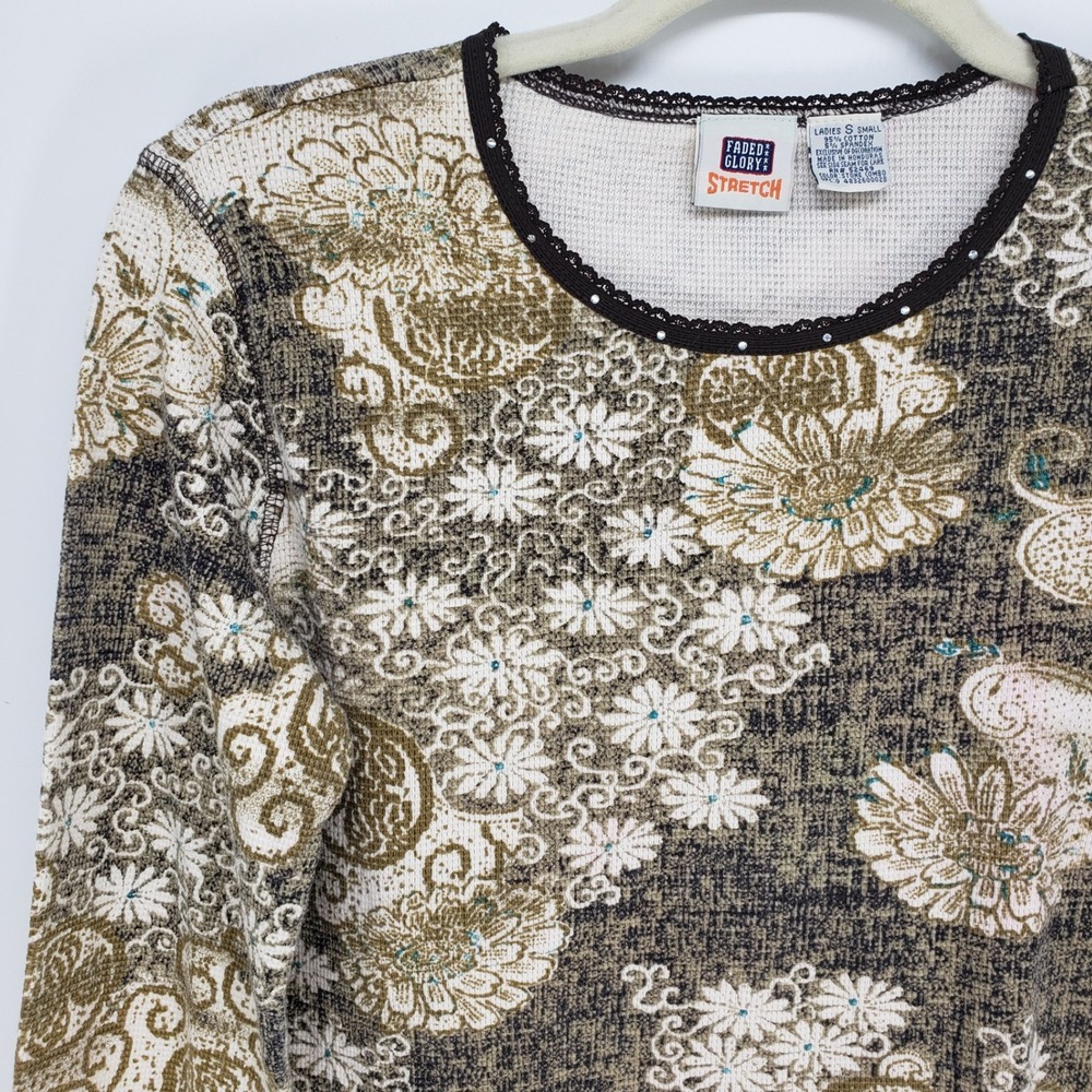 Vintage Y2K Floral Waffle Knit Top Women Small Olive Cream Long Sleeve Lace Trim - Picture 3 of 7